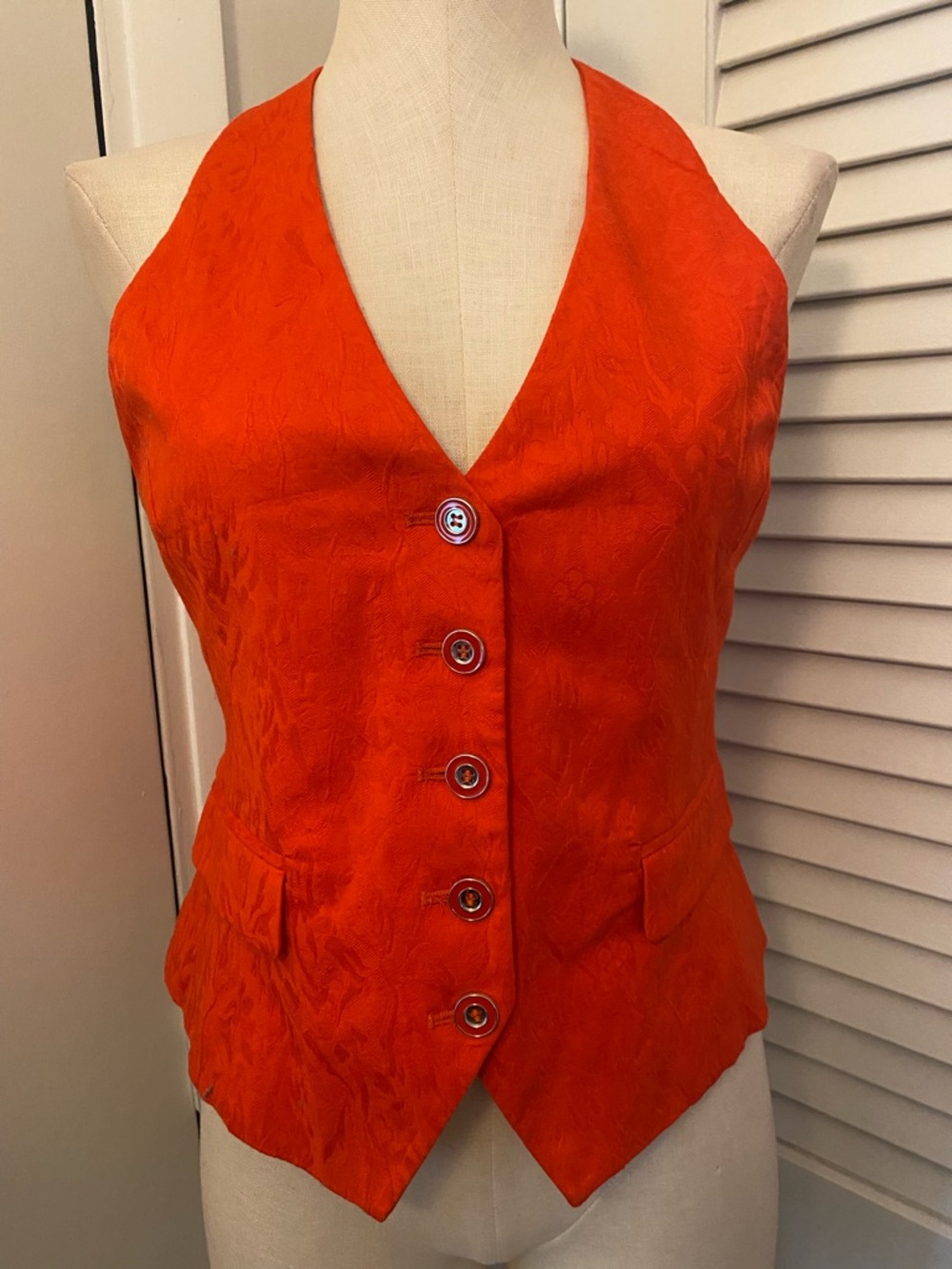 Avenue Vibrant Orange/ Red Button-Front Halter Tuxedo Vest- Size 6